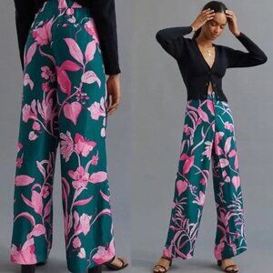 ANTHROPOLOGIE Breezy Tropical Floral Print Wide Leg Satin Pants - Sz 6